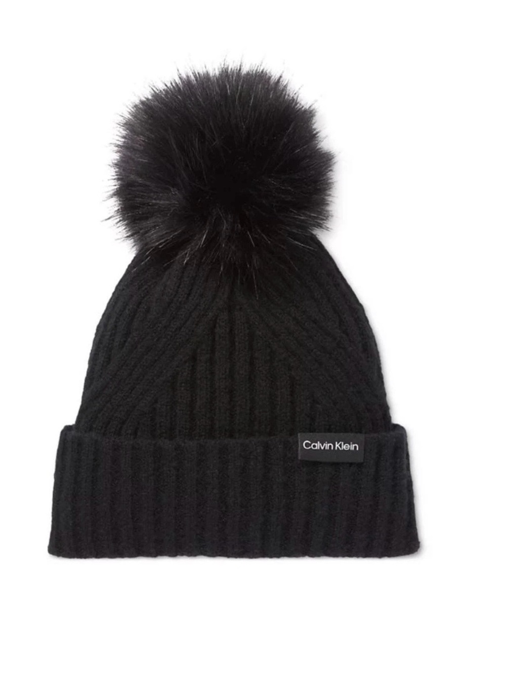 Calvin Klein Women's Black Ribbed Furry Pom Pom Hat One Size. $48 Retail